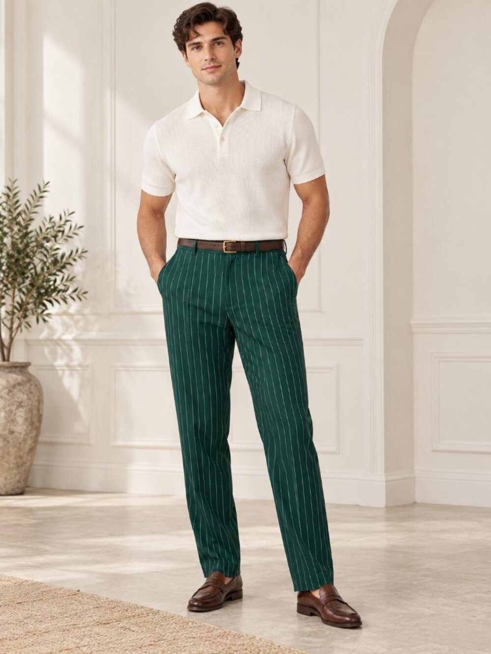 2/$30 Mafinity Pinstriped Dress Pant Fashion Trouser Emerald Large #A4151